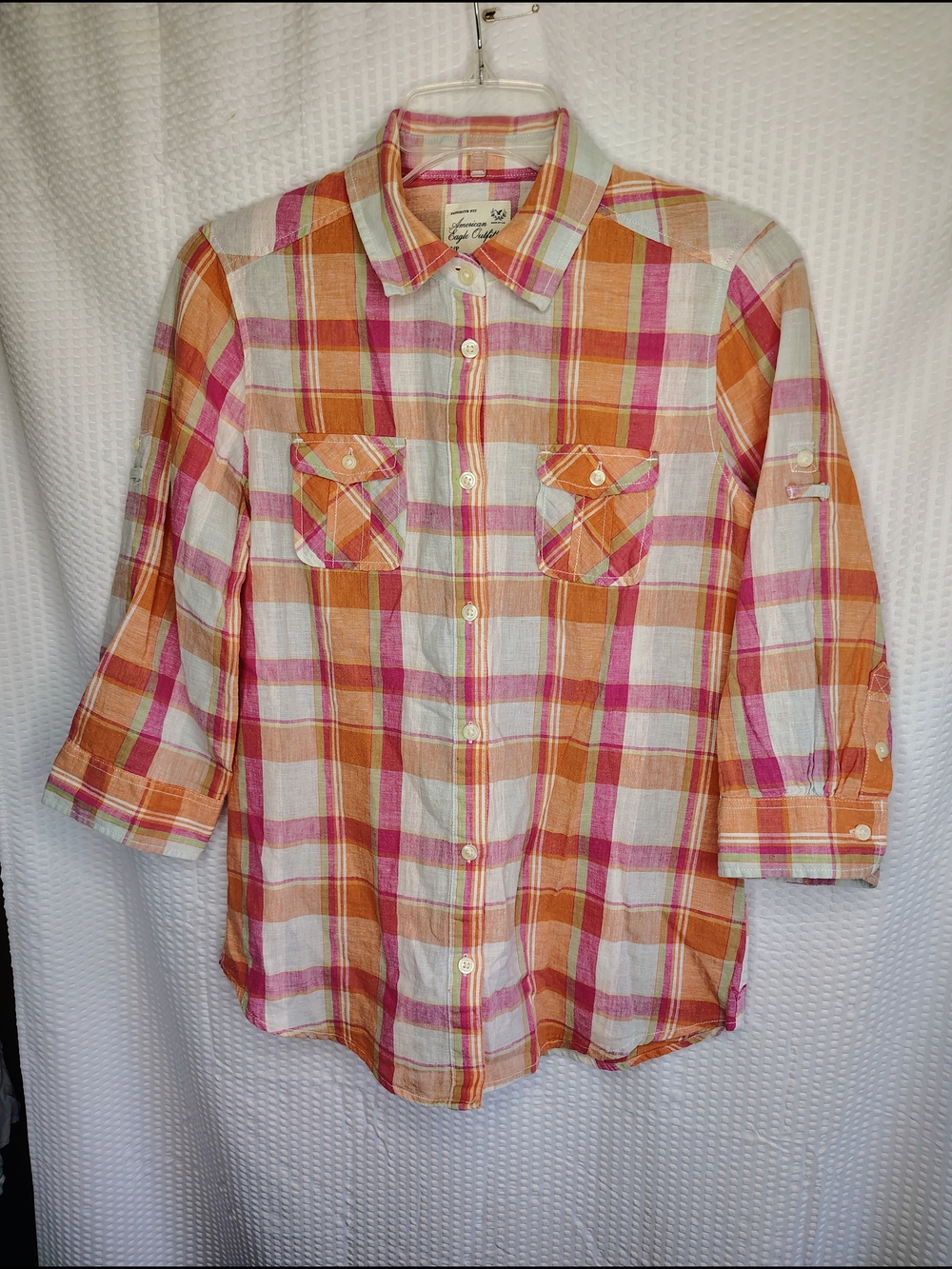 American Eagle Outfitters Favorite Fit Plaid Shirt Pink, Orange, White SP Cotton